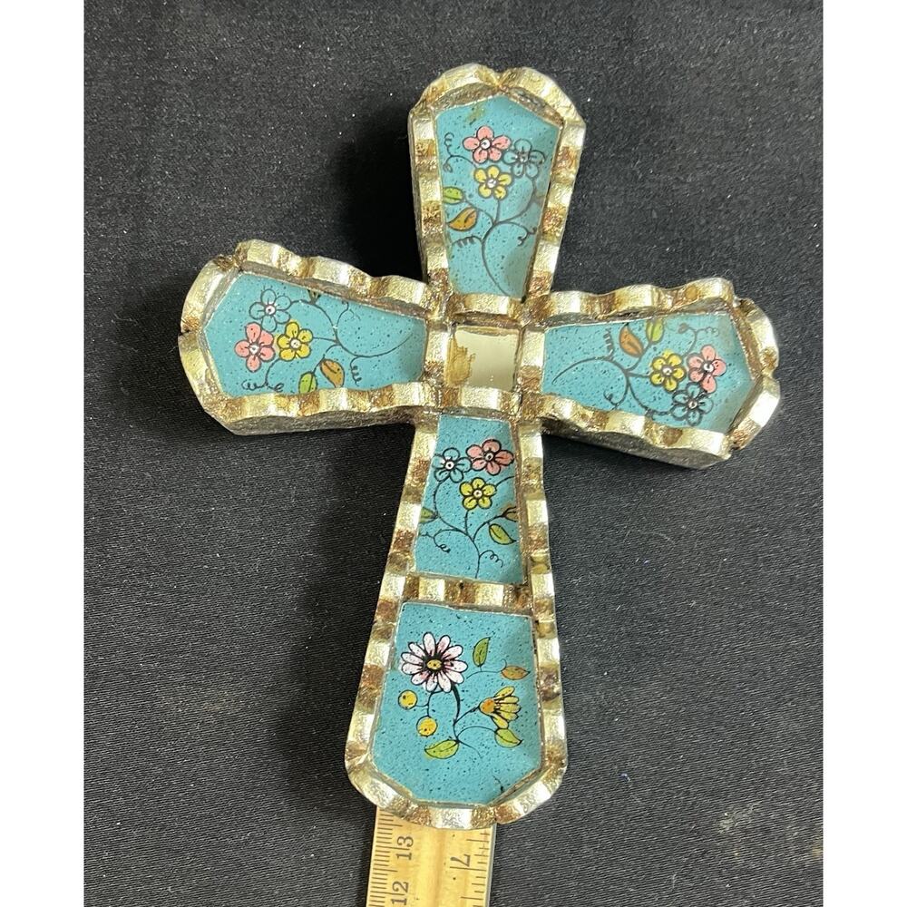 Peru Mohena Wood Cross w Mirror Reverse Painted Glass Artisan 5” X 6.5” Floral - Picture 4 of 8
